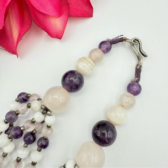 Vintage Gemstone Beaded Multistrand Choker Necklace Agate Amethyst Quartz 16” - Picture 6 of 16